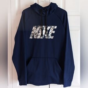 EUC Men's Nike Dri-Fit Hoodie Navy blue w/white & grey digital print logo Sz L